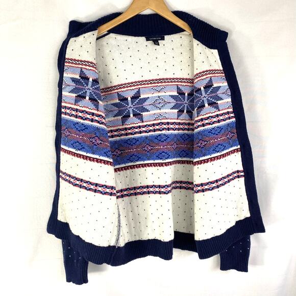 VTG Lands End Fair Isle Cardigan Sweater Women L Blue Cotton‎ Wool Blend Nordic - Picture 7 of 8